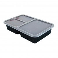รูปกล่องอาหารพลาสติก สี่เหลี่ยมดำ 3 ช่อง 900 ml.